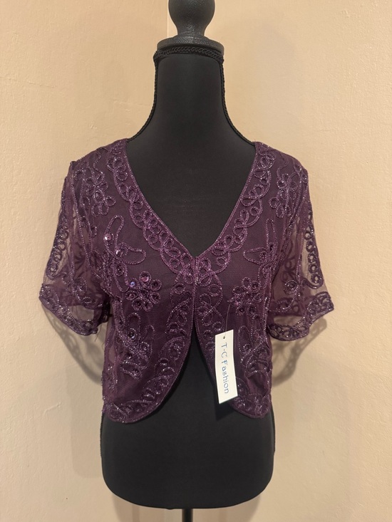 T-C Fashion Tops - Plum Embroidered Beaded Mesh Bolero with Beadwork, Silver Threading and Sequins